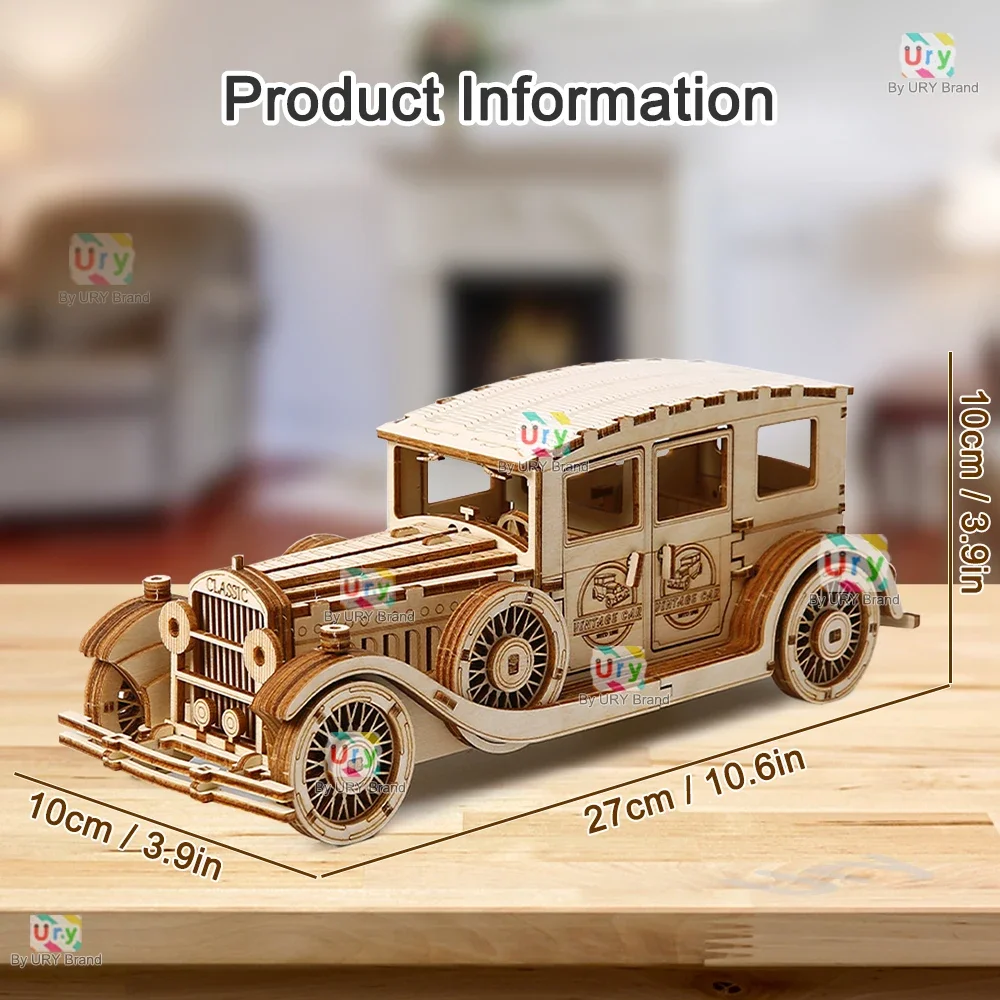 Ury 3D Wooden Puzzle Retro Vintage Car Classic Nostalgic Movies Vehicle Assembly Model DIY Decoration Gift Toys for Kids Adults