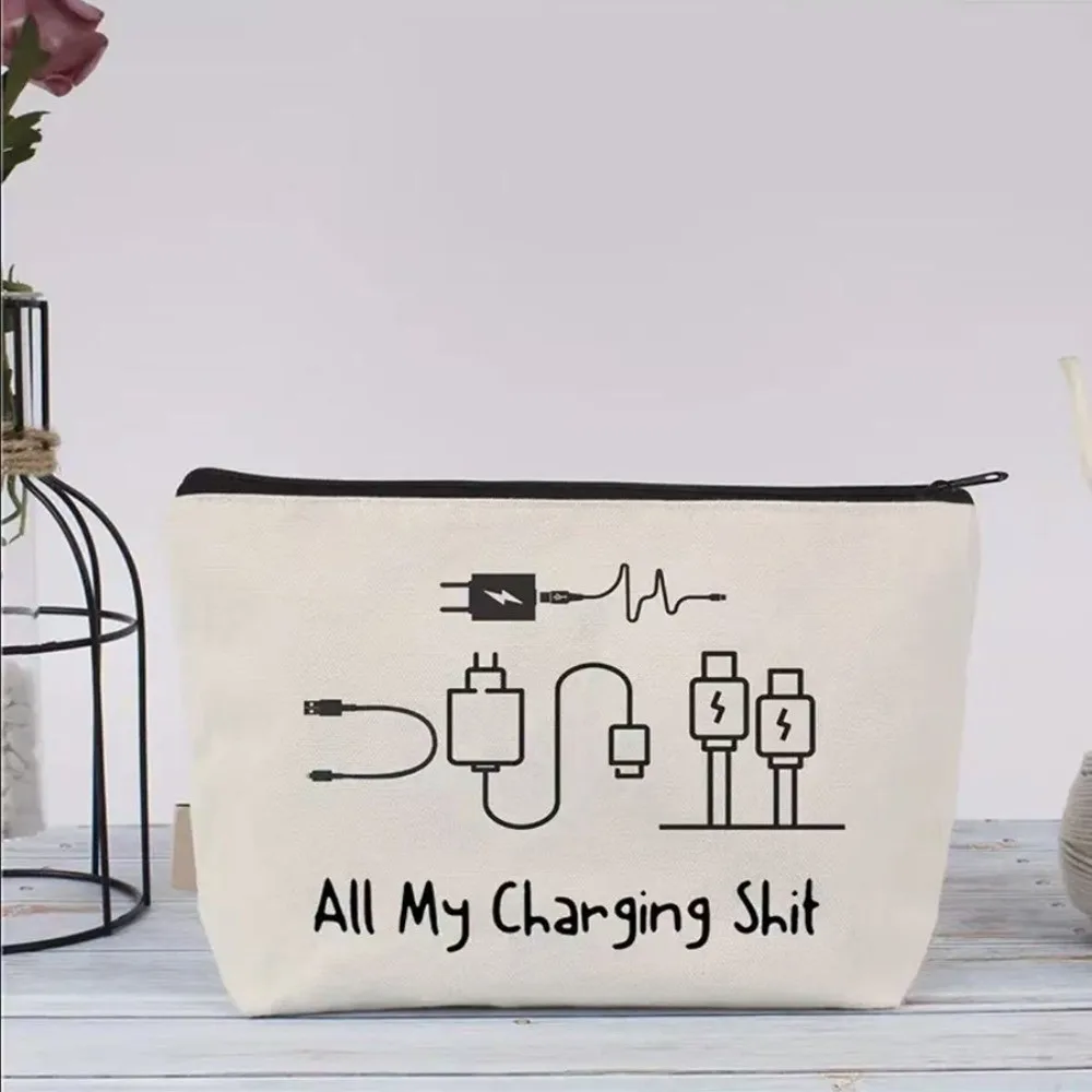 New Canvas Charger Storage Pouch Print Design Large Capacity Cable Organizer Bag Zipper Closure Electronics Bag for Office Desk
