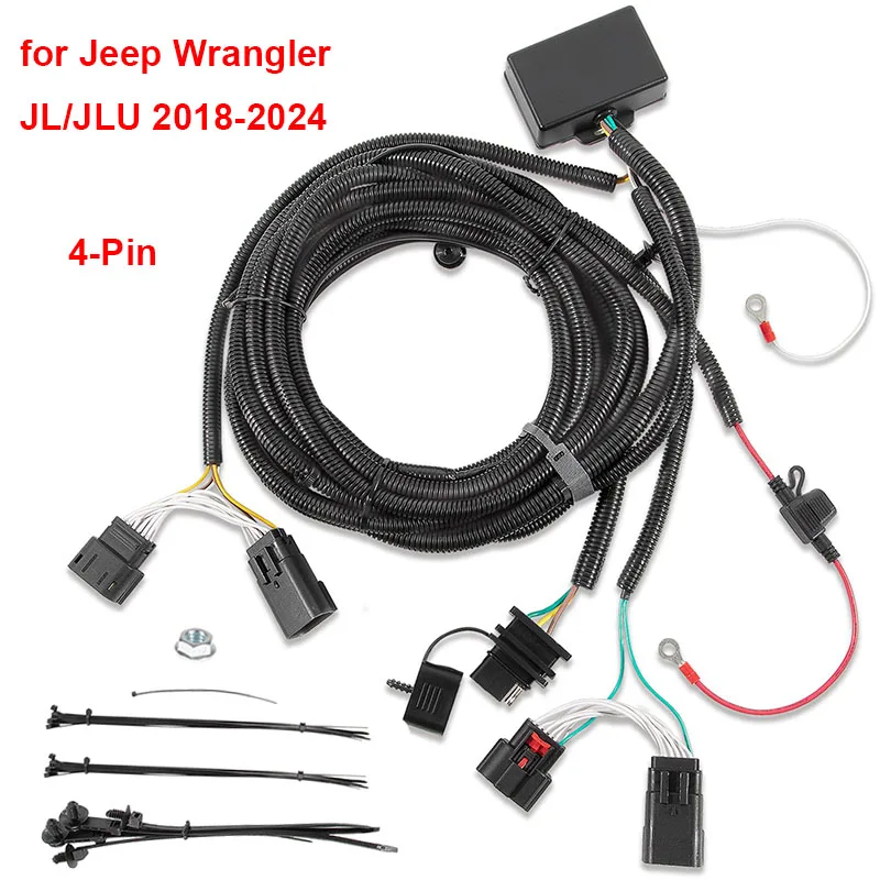 4-Pin Tow Hitch Wiring Harness Kit for Jeep Wrangler JL/JLU 2018-2024 Plug & Play 4-Way Trailer Light Connector Waterproof