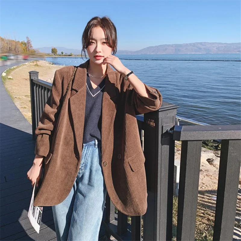 

Vintage Corduroy Blazer Coat Women 2023 Autumn New Elegant Chic Double Breasted Loose Casual Jacket Outerwear Female 1152