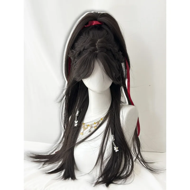 Peruka damska z długimi włosami, pełna głowa, wysokie grzywki, czarna, długa, prosta, z możliwością wiązania, nowy chiński styl, styl starożytny, wysoka.
