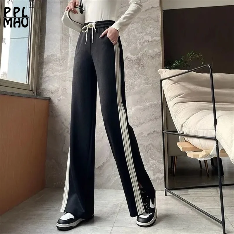 

Casual Stripes Baggy Sweatpants Black Side Slit Design Jogger Sport Women's Wide Leg Pants Large Size 4XL High Waist Trousers