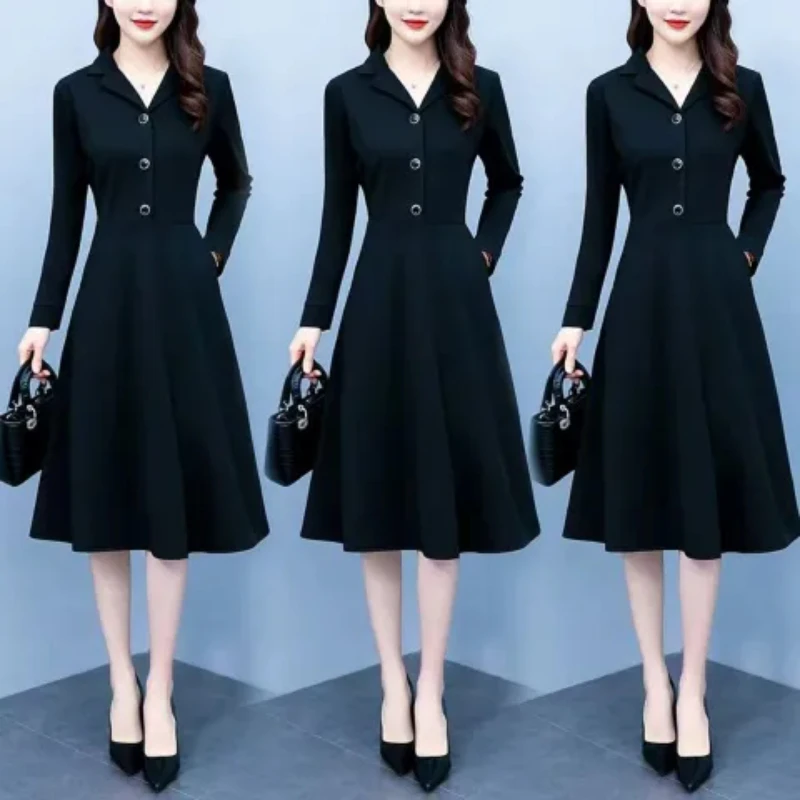 

Женское облегающее платье миди с длинным рукавом, с завышенной талией, А-силуэт, черное, для офиса, 100% полиэстер, модное