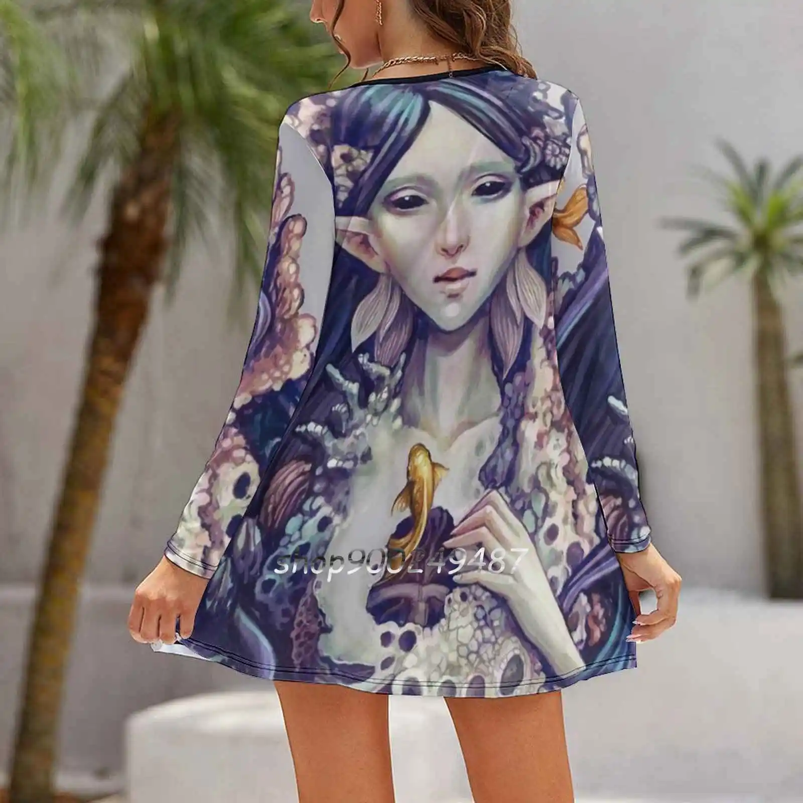 Emerge-Mermaid Design Women Spring Autumn Long Sleeve Dress Female Casual Dress Mermaid Merfolk Mermay Siren Water Nymph Myth