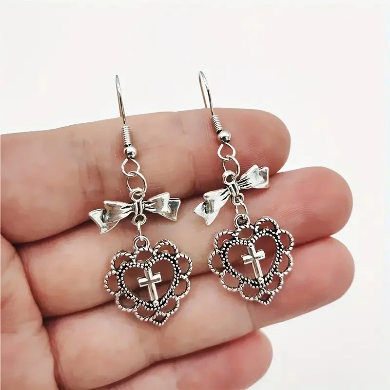 Gothic Vintage Love Heart Cross Bowknot Pendant Earrings For Women Y2K Fashion Ear Buckle EMO 90s Aesthetic Charms Accessories