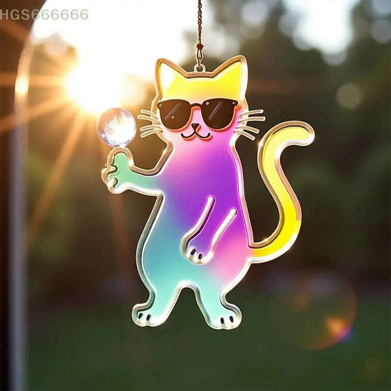 Cat Shape Acrylic Glass Decor 2D Flat Design Window Hanging Pendant Eye-Catching Home Decor