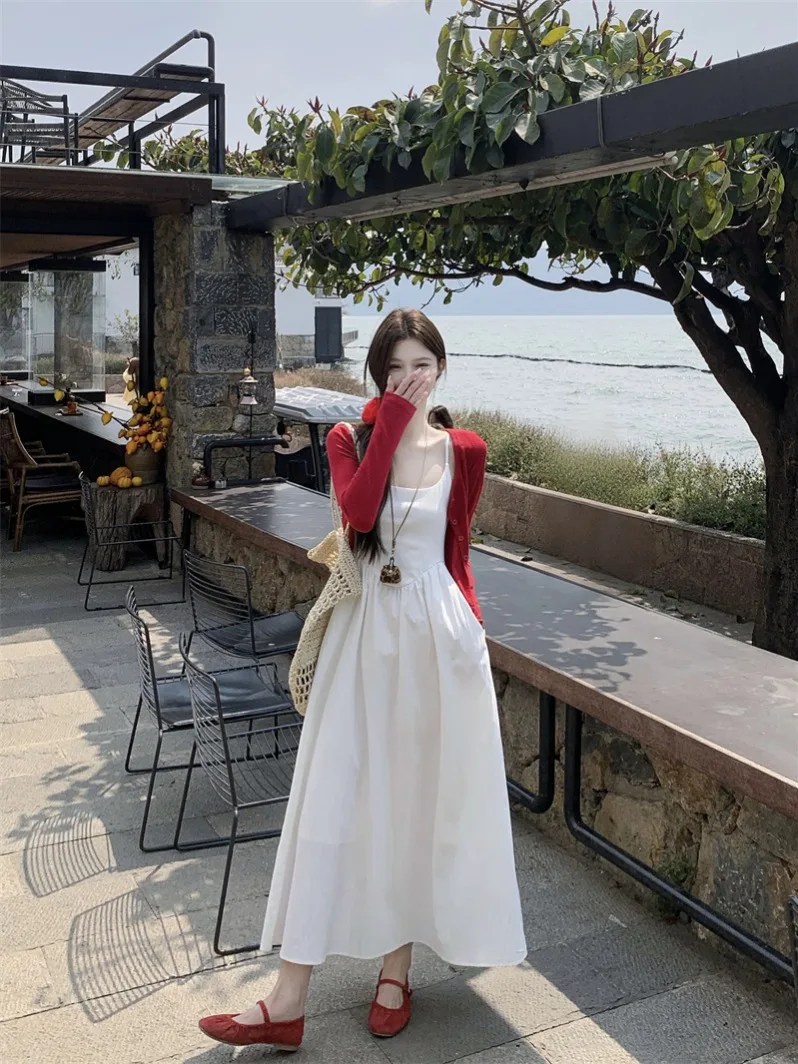 

Kumikumi Gentle Wind Set Red Long Sleeve Women's Dress Two-Piece Suit Spring Casual Style Inner Wear Belted Strap Dress