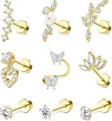 Drperfect 9pcs Surgical Steel Earrings for Women Conch Tragus Earrings Piercing Stud Cartilage Earrings Set Piercing Jewelry