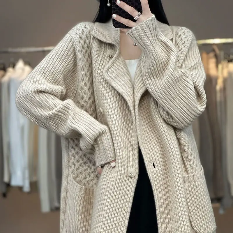 New Thickened Medium to Long Sweater Cardigan Jacket for Women Korean Style Versatile and Casual Knit Sweater Jacket