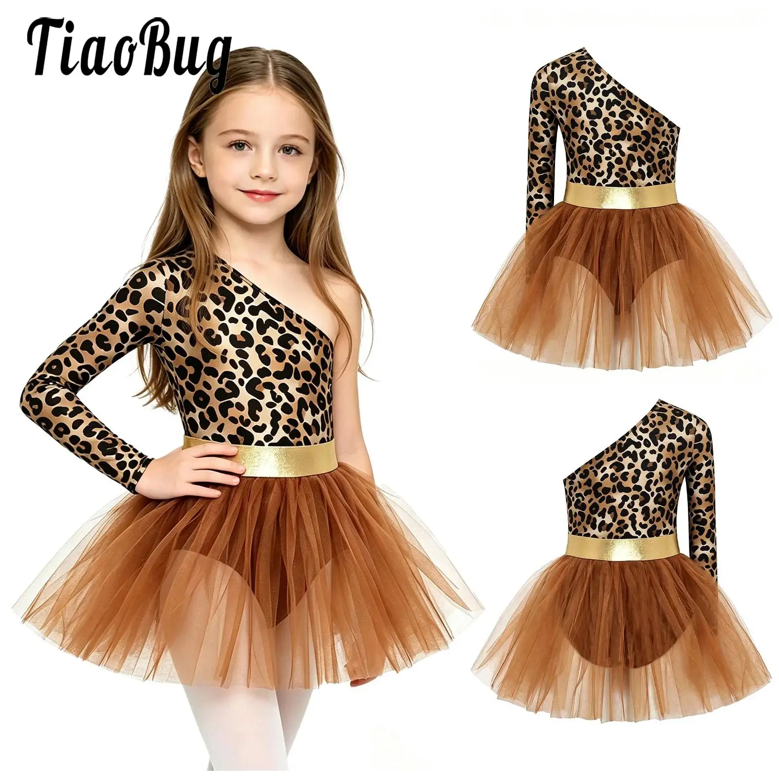 Kids Girls Ballet Figure Skating Dance Dress One Shoulder Long Sleeve Printed Bodice Tulle Dress for Halloween Party Performance