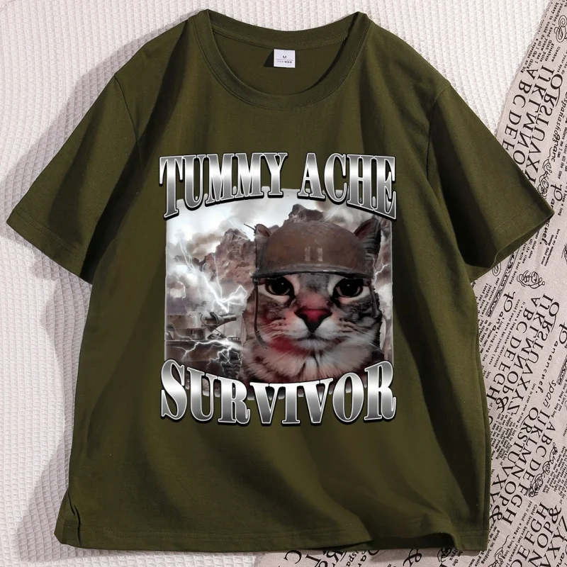 복통 생존자 고양이 밈 티셔츠 남성용 면 재미있는 문구 고양이 동물 프린트 티셔츠 캐주얼 라운드넥 반팔 티