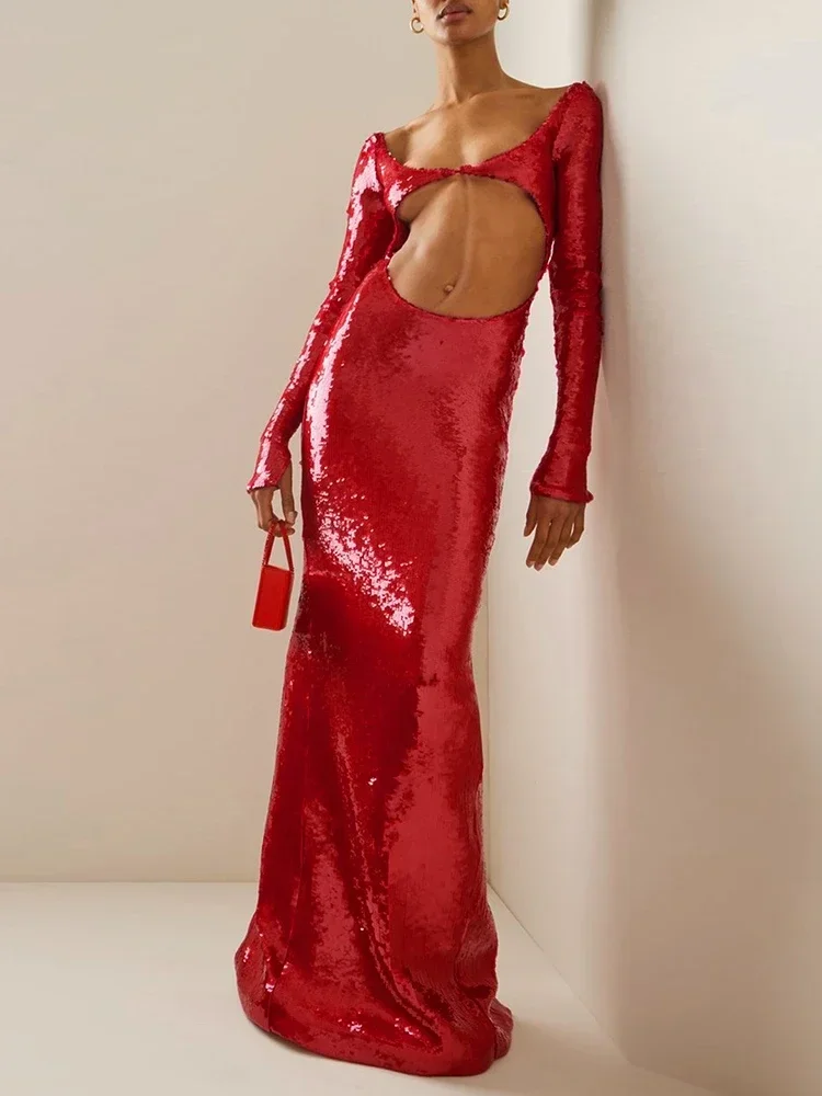 Robe Longue Sexy à Paillettes Brillantes pour Femme, Manches sulf, Maxi, Slim, Rouge, Découpe, Dos aux, Élégante, Rotterdam, Célébrité, Kly, 2024