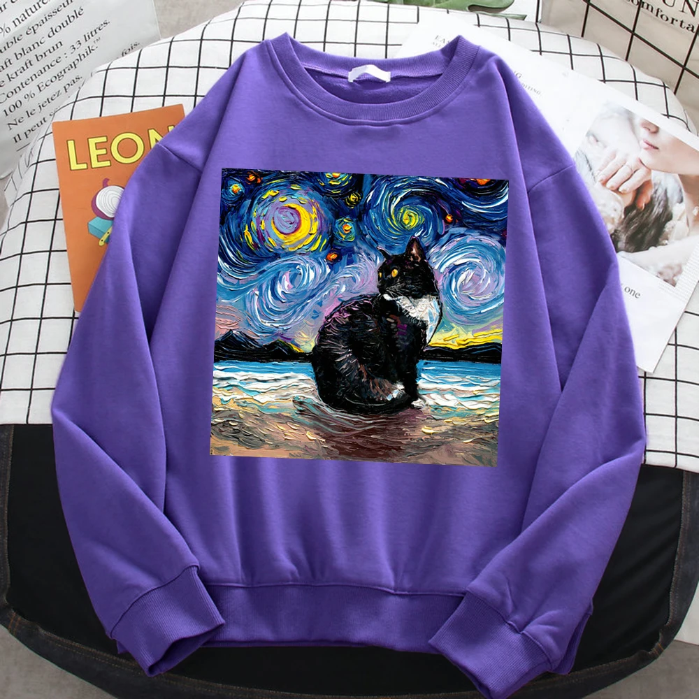 Winter Simple Women\'S Sweatshirt Cat Starry Sky Universe Print Hoodie Comfortable Fleece Pullovers Loose Warm Female Sportswears