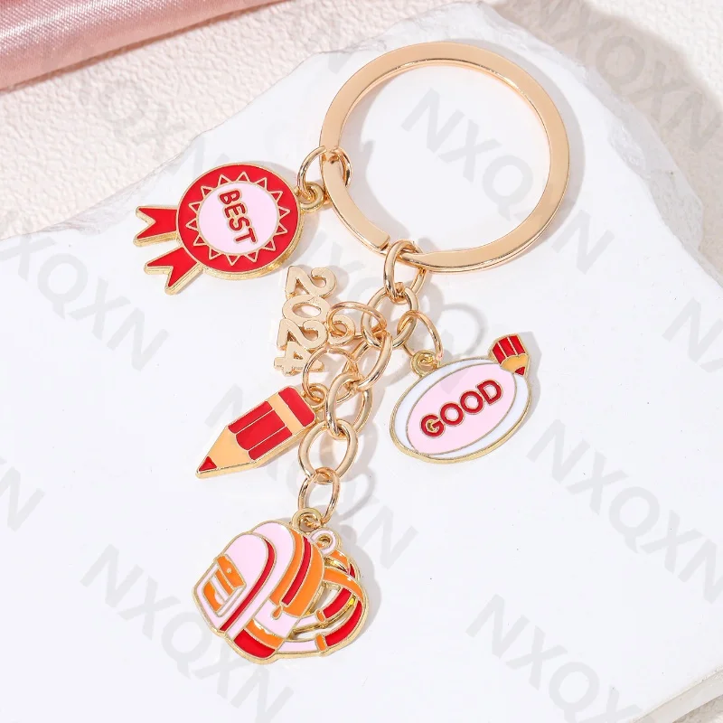 Cute Schoolbag Pencil Ruler Book Enamel Keychain Good Medal Graduation Hat Key Ring For Women Men Hand