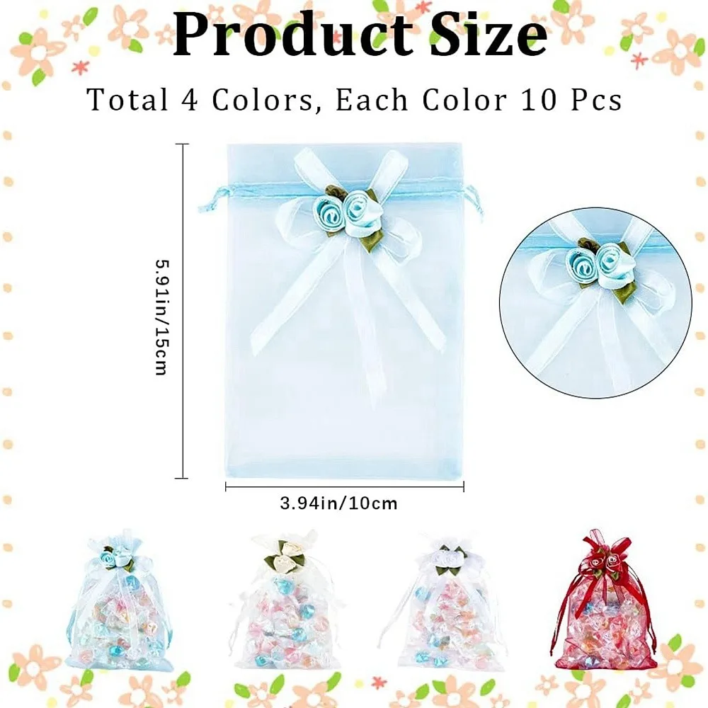 

40Pcs 4 Colors 3D Flower Organza Drawstring Bags Storage Bags Rectangle Mixed Color 15.3x10x0.01cm 10pcs/color