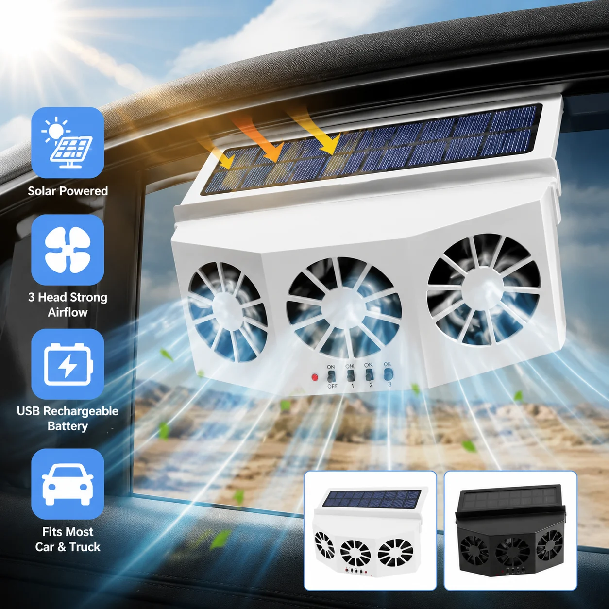 Car Solar Powered Exhaust Fan USB Rechargeable Window Fan Air Vent Cooling Air Circulation 3 Head Ventilation Fan For Truck Car