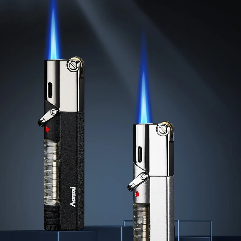 

Creative Side-sliding Grinding Wheel Ignition Straight Shot Blue Flame Windproof Lighter Setting Switch Visible Gas Box