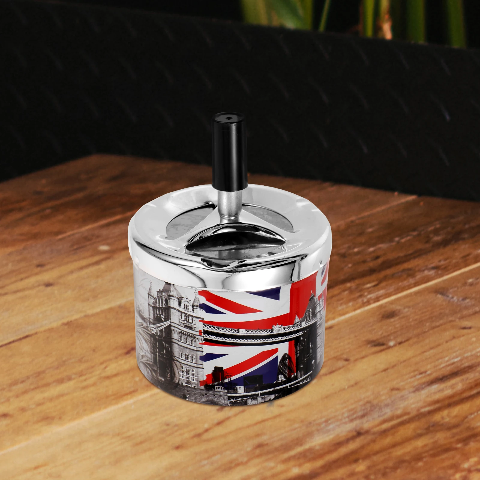 

Stainless Steel Rotary Cover Ashtray Automatic Windproof Desktop Tray Portable Office Bar Use Round for Indoor