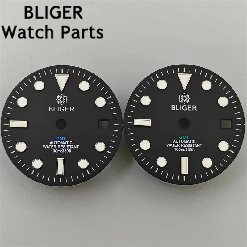 Bligger-照明Gmt markウォッチダイヤル、黒、白、赤、オレンジ、緑、青、nh34、nh35、mingzhu3804ムーブメント、29mmに適合