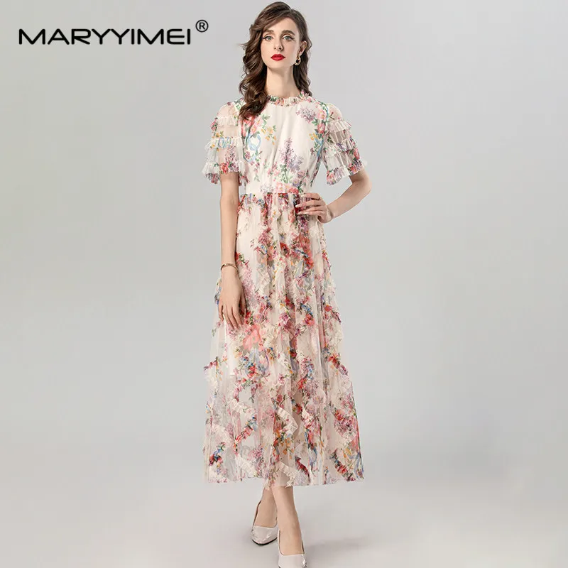 MARYYIMEI Summer Women's Dress Flare Sleeved Slim Waist Edible Tree Fungus Edge Elegant Print Bohemian Holiday Dresses