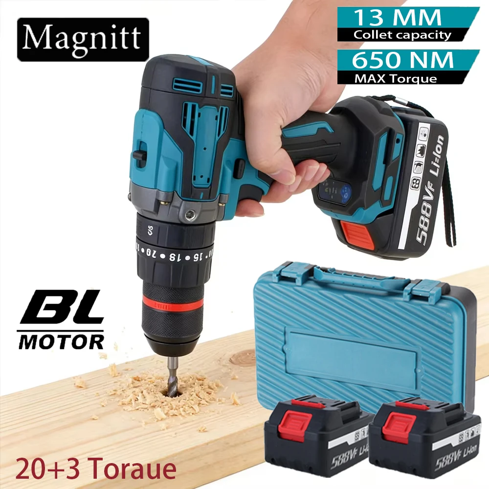 Taladro de impacto eléctrico sin escobillas de 13 mm y 650 N.M, 20+3 niveles de torque, destornillador inalámbrico, herramienta eléctrica