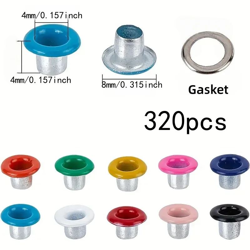 320Pcs 4mm Mixed Stainless Steel Eyelets with Washers, Easy Install, for Shoes, Bags, Tarpaulin, Leather Repair, Rivets