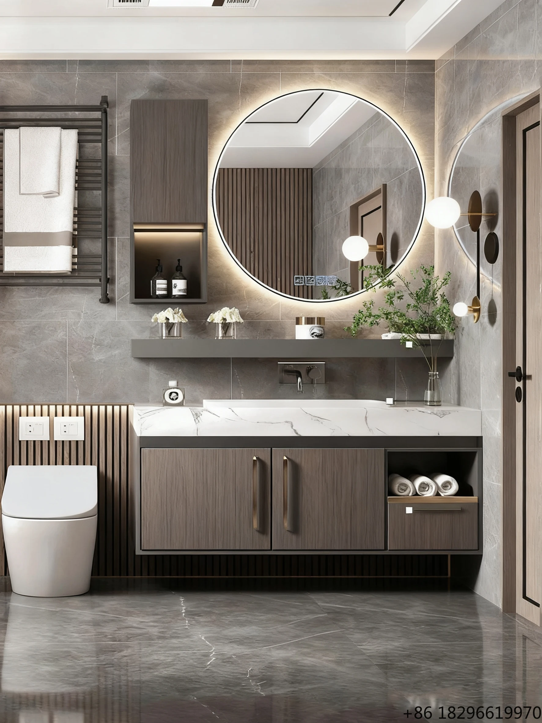 Modern Wood Grain Custom Bathroom Cabinet LED Vanity Mirror With Dressing Table For Hospital Hotel Home Bathroom Use