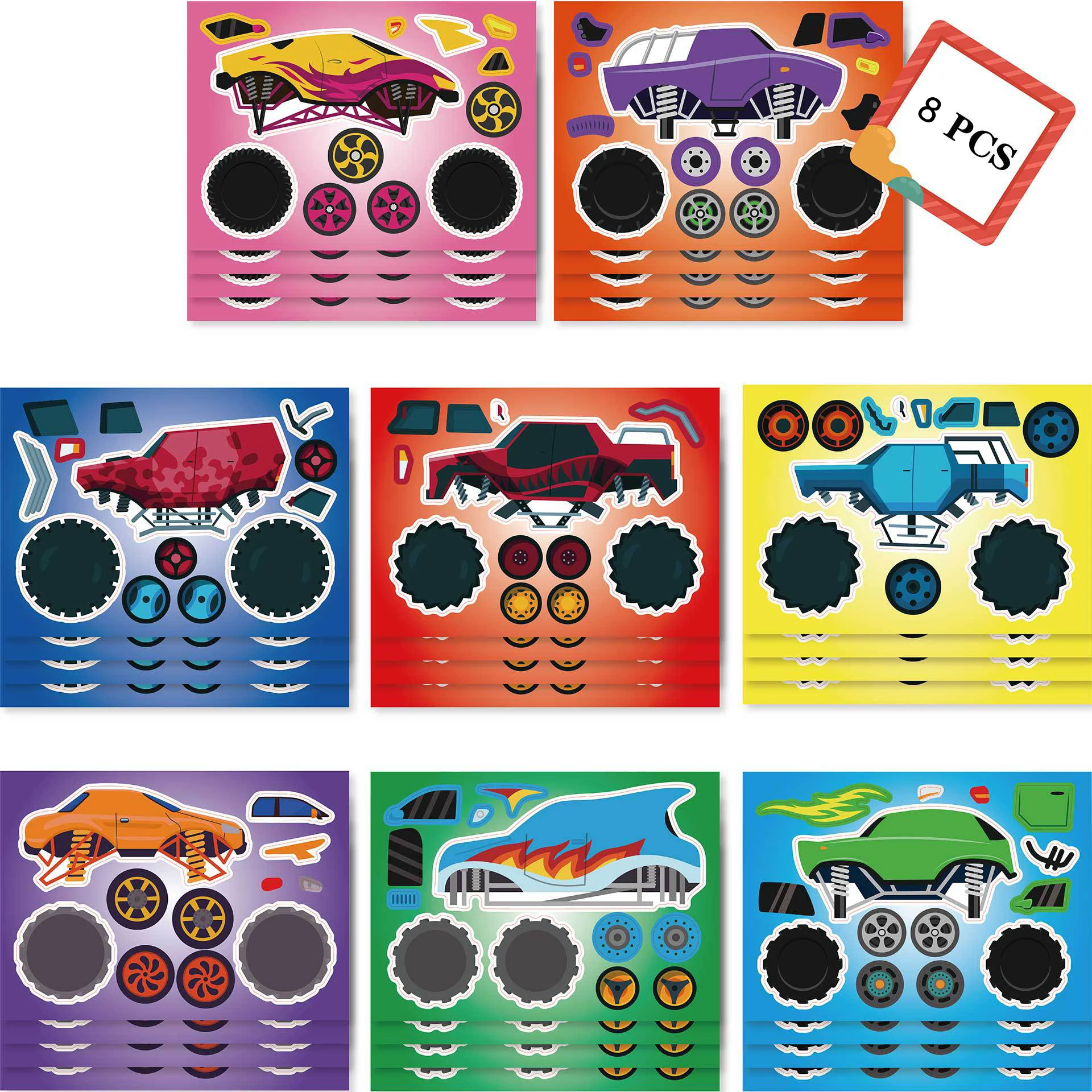 8pcs Kids Girls Boys Birthday Gift DIY Monster Truck Racing Make a Face Stickers Party Favor Puzzles Parent-Child Game