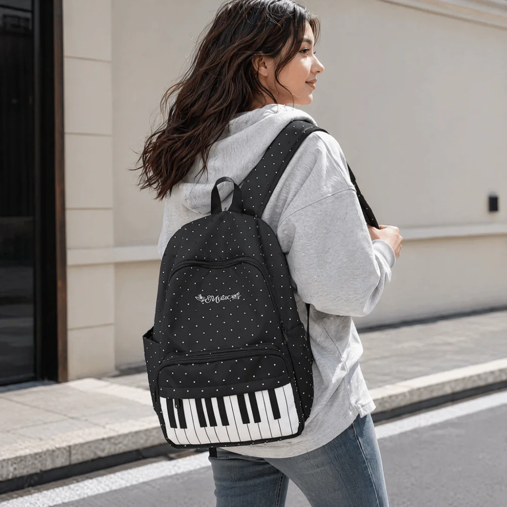 Trendy Nylon Polka Dot Print Backpack Preppy Style Color-blocked Large Capacity School Bag Cute Durable Piano Key Backpack Daily