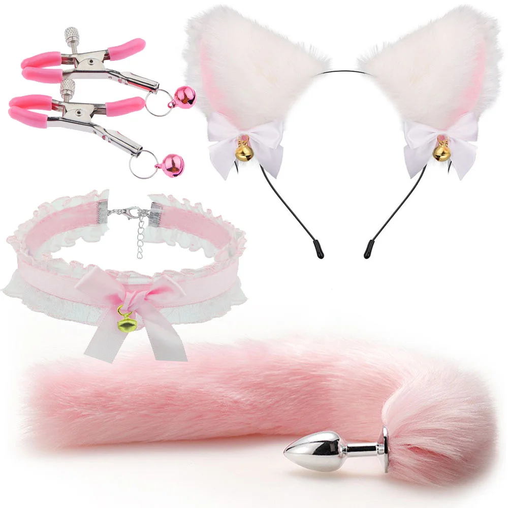 Fox Tail Anal Plug Metal Butt Plug Tail Cat Ears Headbands Bell Collar Mouth Plugs Erotic Cosplay Set Intimate Toys for Couples