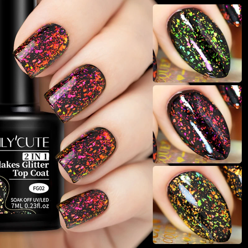 Lilycute-UVジェルネイルポリッシュ,半永久的,キラキラ,フレーク,トップコート,オーナメント,ワイプなし,ネイルアート,7ml, 2 in 1