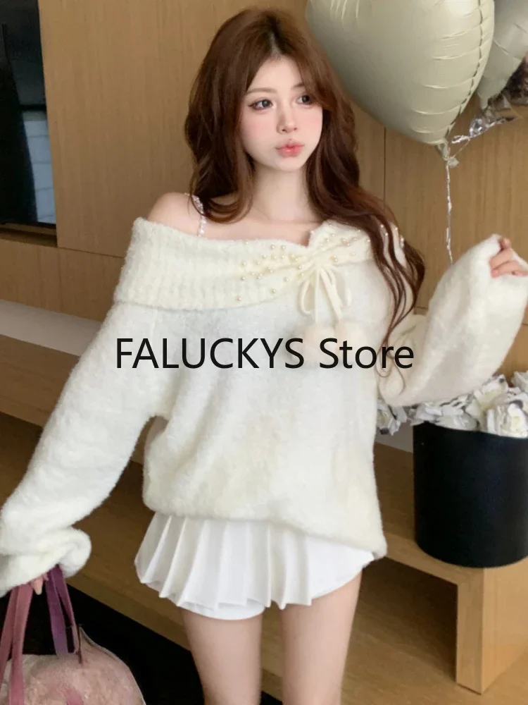 Autumn Winter Korean Women Knitted Sweaters Off Shoulder Pearl Long Sleeves Sweet Pullovers Female Fashion Lazy Style Knitwear