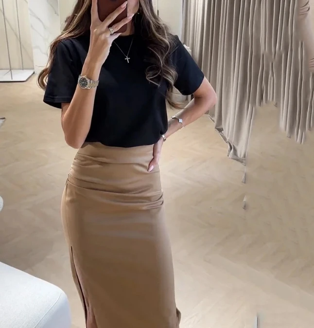 Office Lady Women Two Piece Set Summer O Neck Short Sleeve Solid Short Top High Waist Slim Folds Slit Skirt Set Streetwear