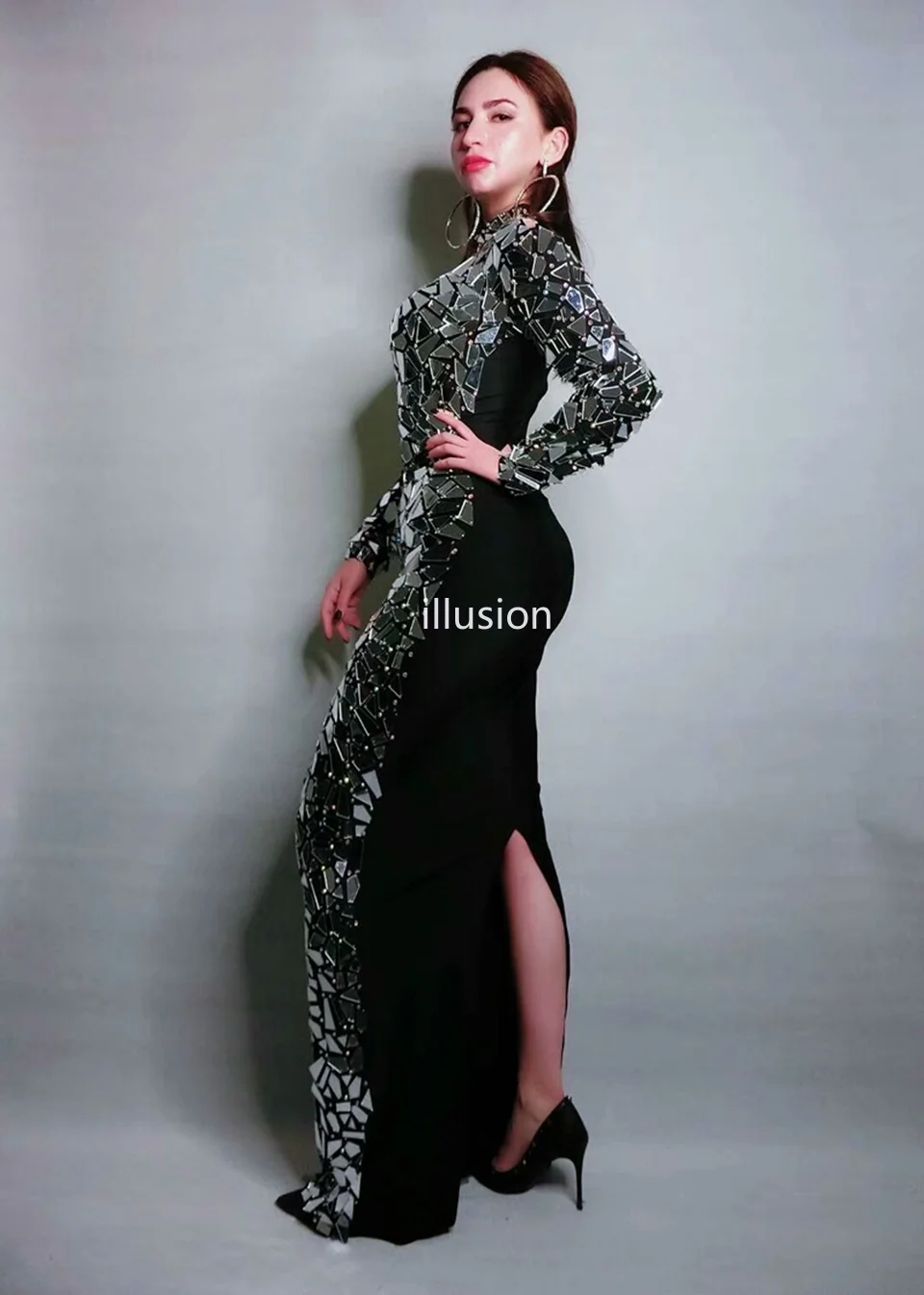 New Design Bling Full Mirrors Rhinestones Long Dress Women Evening Birthday Prom Celebrate Party Tail Dress Black Stage Costume