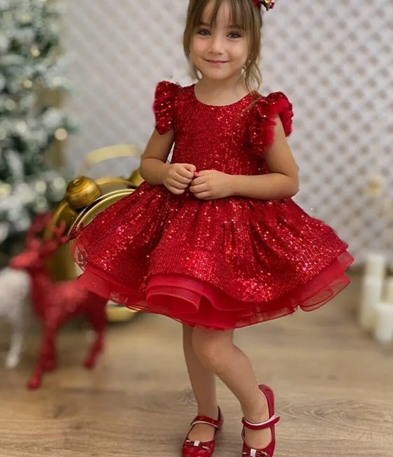 

Red Puffy Baby Girl Dress Scoop Neck Infant First Birthday Dress Kid Tutu Outfit Christmas New Year Size 12M 18M 24month