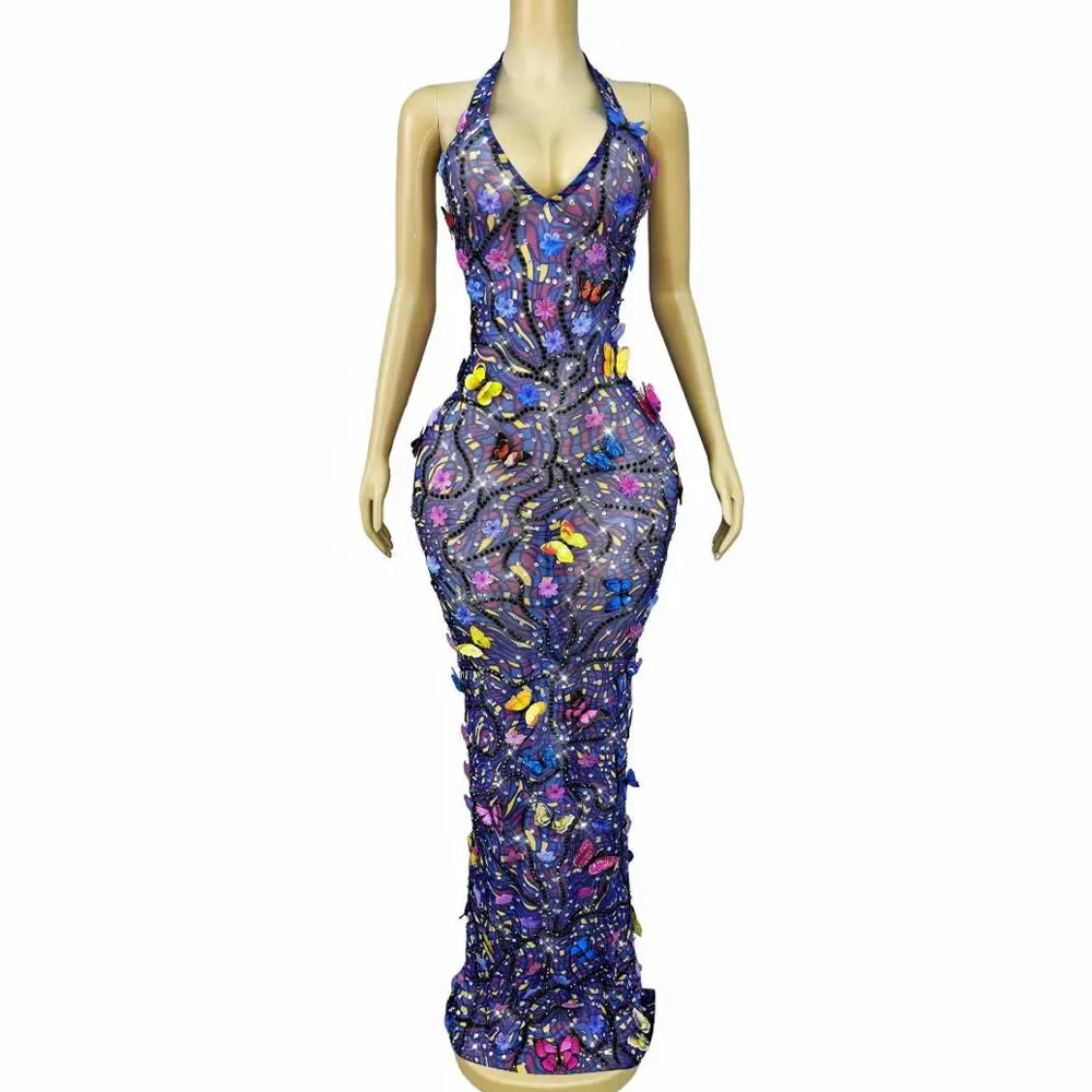 High-end Handmade Flowers Butterflies Rhinestones Sexy V-neck Backless Dress Women Evening Red carpet Elegant Gowns Stage Wear