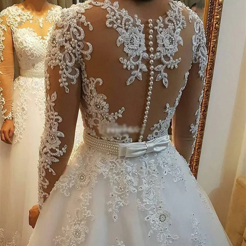 Mulheres manga longa bordada Beading vestidos de casamento nupcial, sexy ver através vestido de baile, vestido de luxo, ocasiões formais