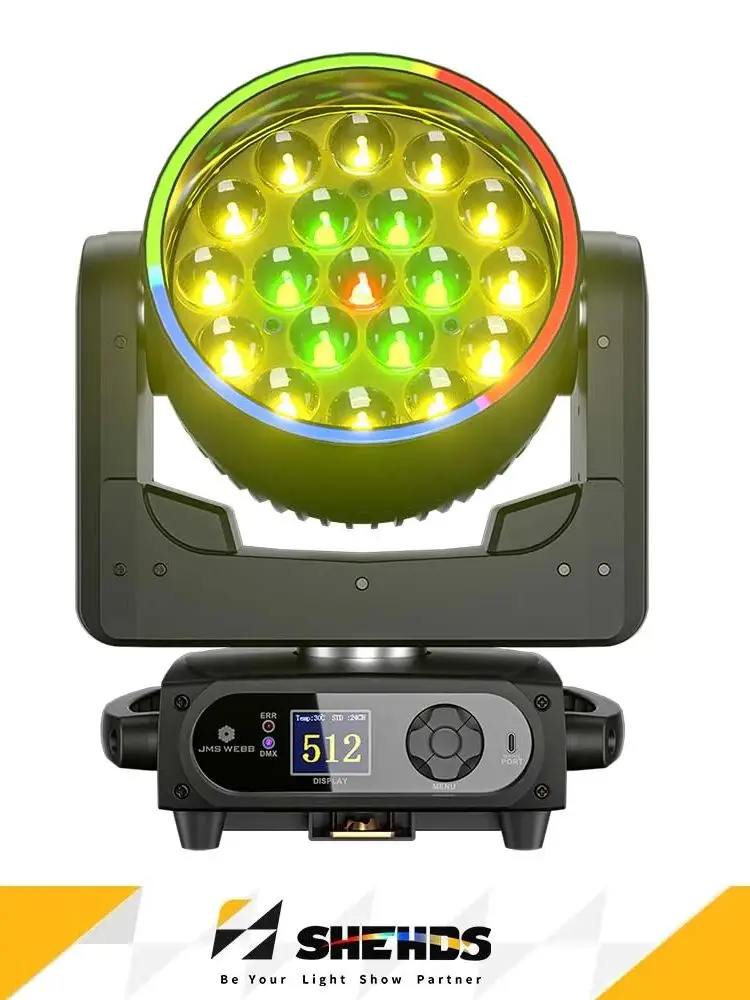 SHEHDS Neuer 19x15W RGBW Moving Head mit Ring-Beam-Wash-Zoom Bühnenlichteffekt Professionell für DJ Disco Hochzeit Party Geräuscharm
