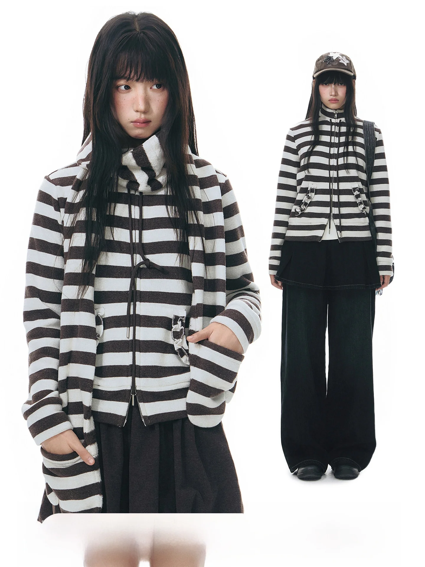 NAPSNAPS Original Striped Stand Collar Sweatshirt Jacket Women's with Gloves Scarf Two Piece Set Autumn Winter New Top