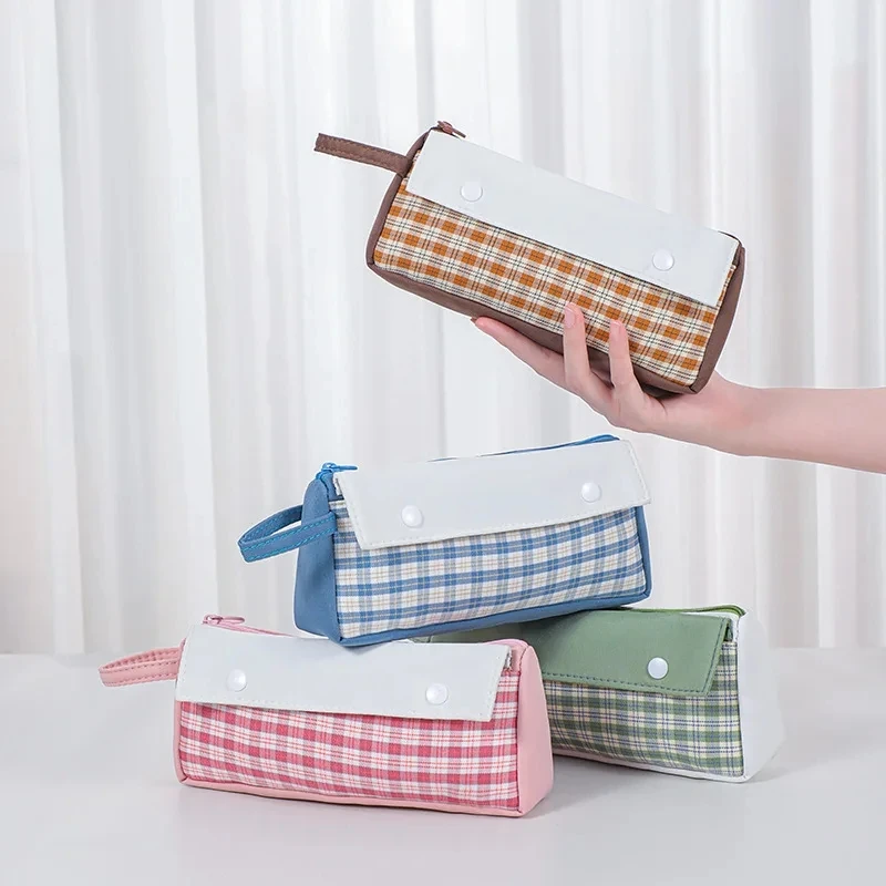 Japanse stijl verse geruite combinatie briefpapier etui student artistieke handheld dubbele mond pennenzak make-up opbergtas