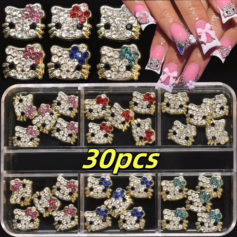 30개 3D 합금 풀 다이아몬드 고양이 머리 보석 네일 라인스톤 헬로키티 네일 참 Y2K 만화 글리터 크리스탈 젬 매니큐어