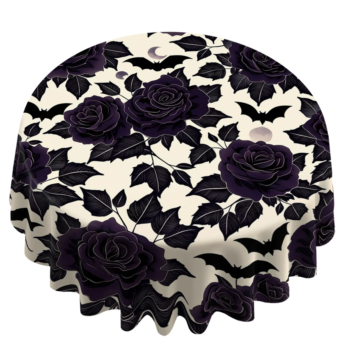 1pc Round Tablecloth, 2D Pattern Printed Round Tablecloth with Black Rose, Bat, Moon And Foliage Design, Diameter 60Inch