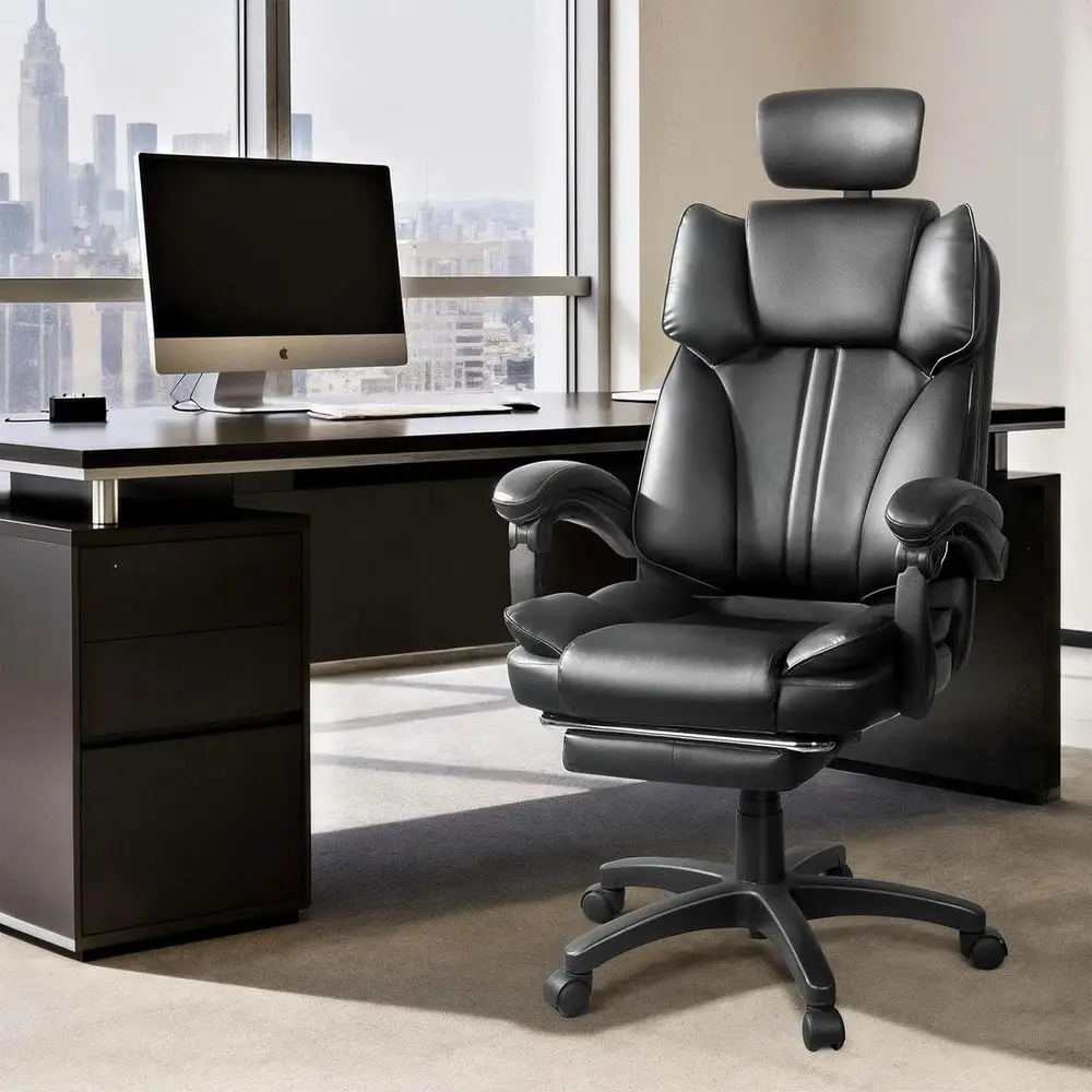 

Ergonomic High-Back Leather Desk Chair with Footrest, Black