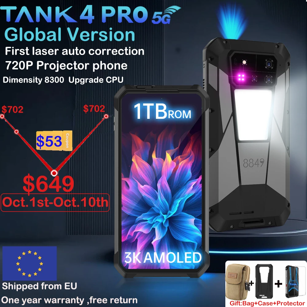 【セール中】8849 Tank 4 Pro Unihertz 5Gタフネスプロジェクタースマートフォン 36GB 1TB Android 14 スポーツフォン 11600mAh Dimensity8300 AMOLED 120Hz