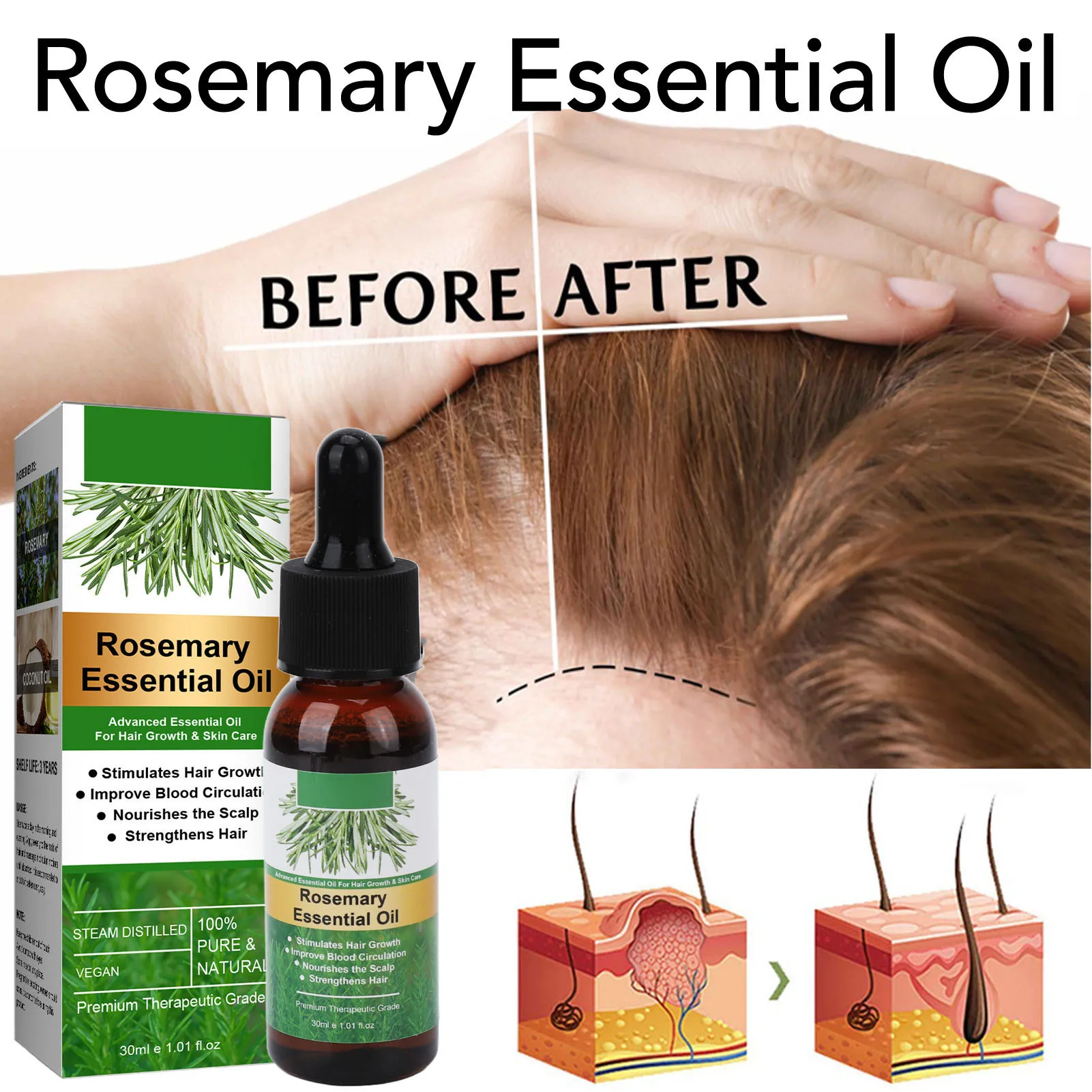 30ml Hair Growth Essential Oil Rosemary Mint Scalp Hair Strengthening Oil Nourishing Repair Split Ends Dry Ant LossHair Care Oil