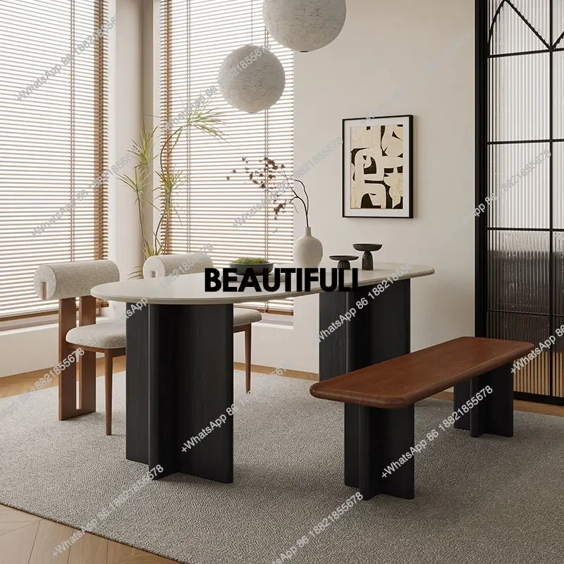 

Medieval travertine dining table Household small apartment cream French retro style marble dining table