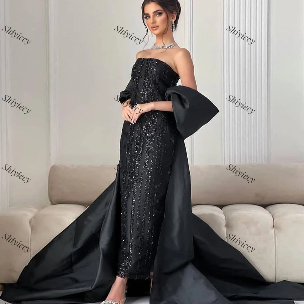 Black Sequined Straight Evening Dress Saudi Arabia Ankle Length Strapless Party Gowns Formal Ocasion Prom Dress Vestido De Noche