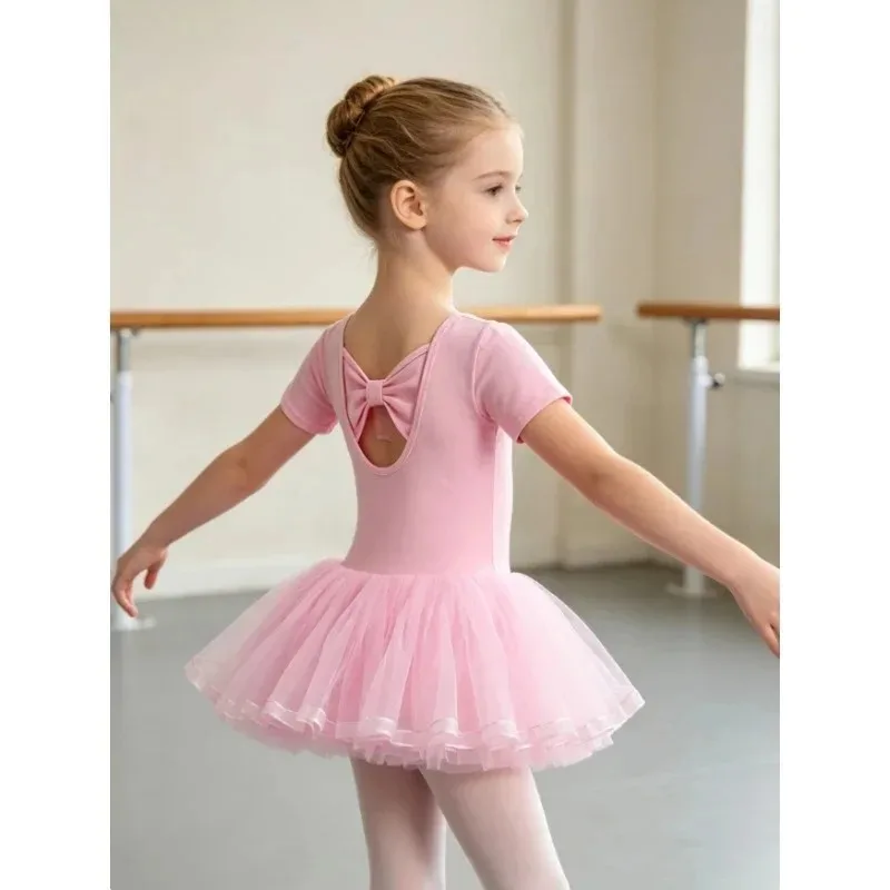 Cotton Kid Bowknot Lyrical Dance Performance Wear with Chiffon Tulle Skirt Short/Long Sleeve Ballet Dress Back Bow Tie Girl Wear