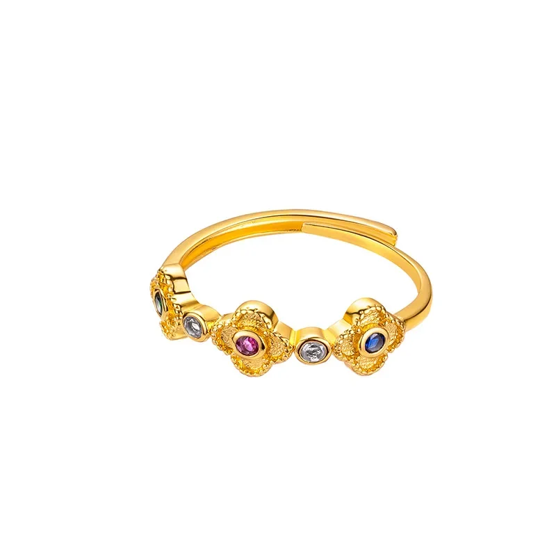Women\'s Ring 18K Gold Color Four Leaf Grass Colorful Diamond Women\'s Ring Gold Jewelry Gold Color Wedding for Bridal Girlfriend