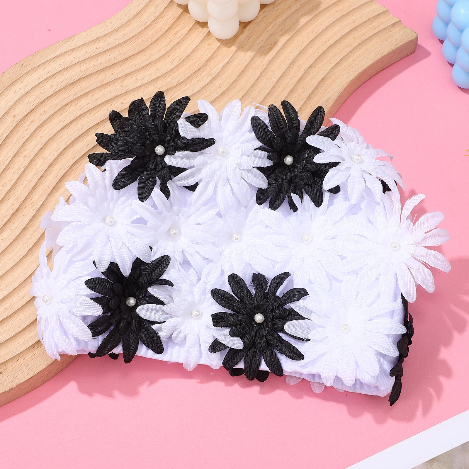 

1pcs Pearl Flower Swimming Cap White Black Hollow Design Ladies Swim Hat Girls Polyester Waterproof Comfortable Stretchy
